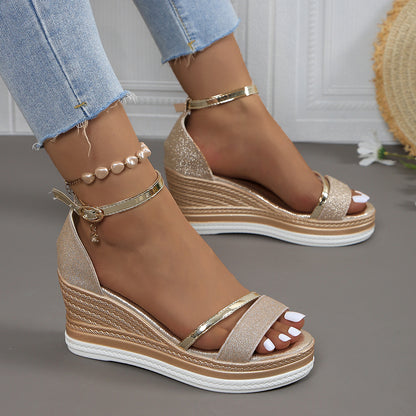 Women's Thick-soled Peep Toe Buckle Rhinestone Bag Heel Muffin Sandals