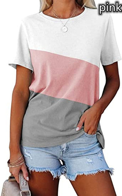 Spring And Summer Color-block Crew Neck Loose Casual Short-sleeved T-shirt