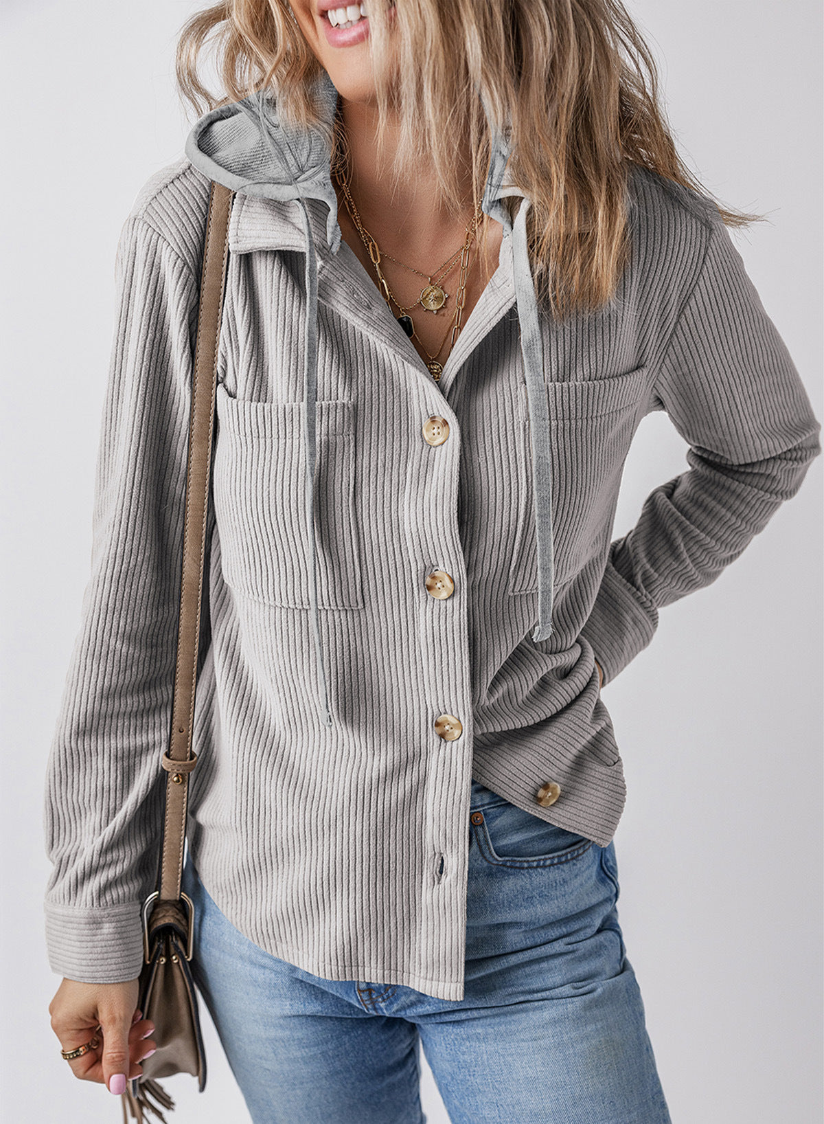 Lapel Buckle Cardigan Pouch Hooded Drawstring Striped Coat