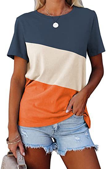 Spring And Summer Color-block Crew Neck Loose Casual Short-sleeved T-shirt