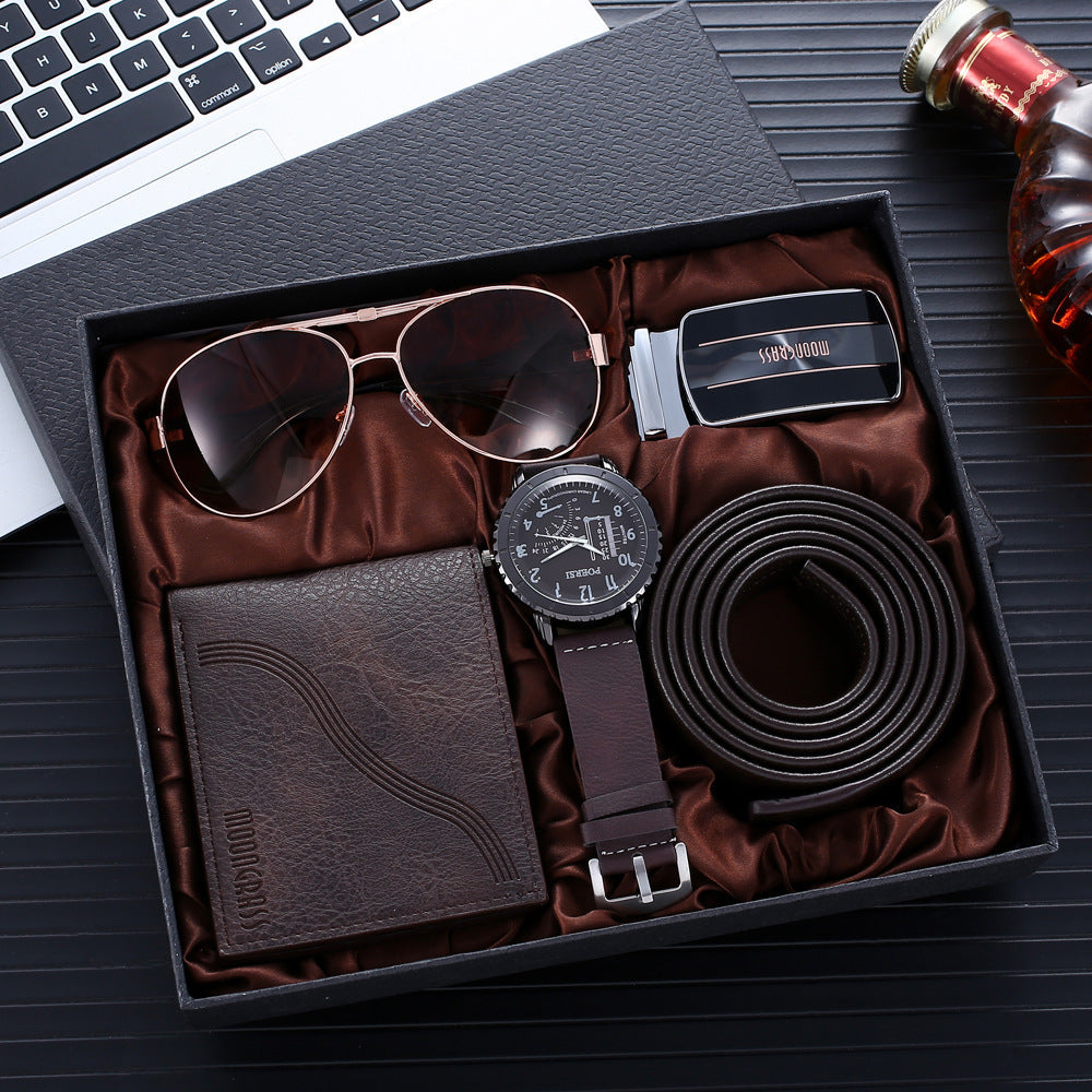 Watch Temperament Belt Wallet Glasses Suit
 Product information:
 
 Color: Brown watch suit
 
 Thickness: 10mm
 
 Packing specification: opp
 
 Applicable people: Male
 
 Style: Fashion
 

Packing list: 

Wa0Shoparamas.comWatch Temperament Belt Wallet Glasses Suit