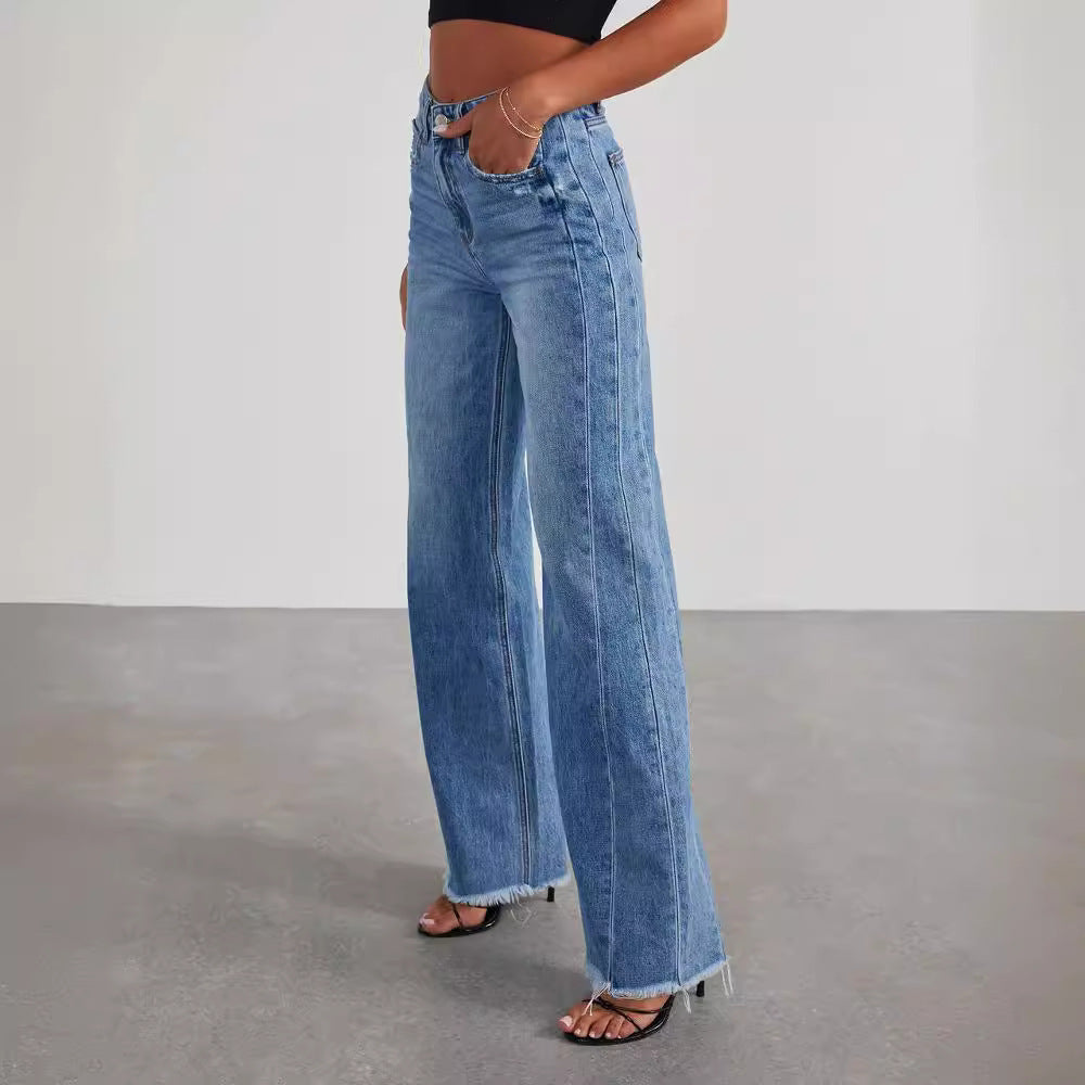 Women's Loose Wide-leg Side Seam Stitching Frayed Hem Jeans