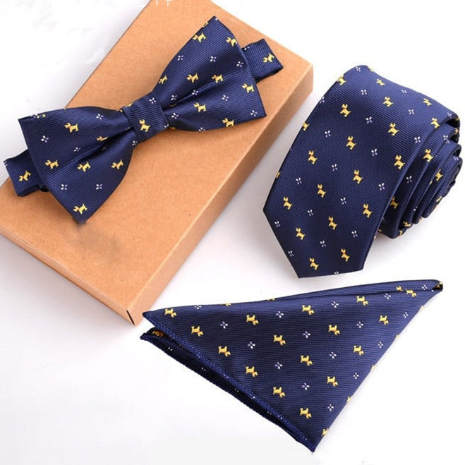 Casual, Dark Blue Business Tie Set
 Product information:
 
 Pattern: stripes
 
 Processing Technology: knitting
 
 Type: bow tie
 
 Color: navy blue tie set
 
 Processing Method: Jacquard
 
 Material0Shoparamas.comCasual, Dark Blue Business Tie Set